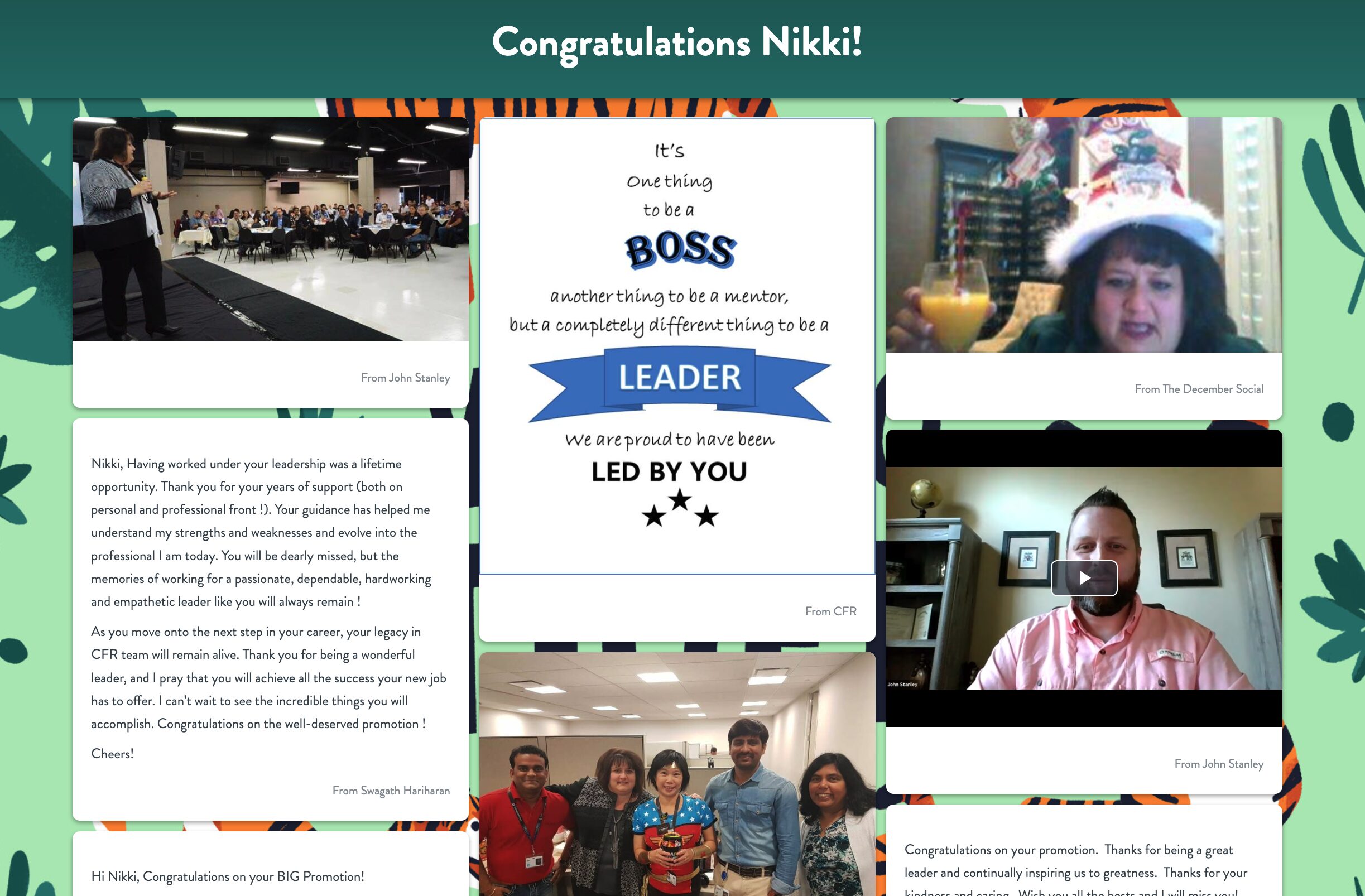 Photo and video posts on a congratulations board from employee recognition software app Kudoboard.